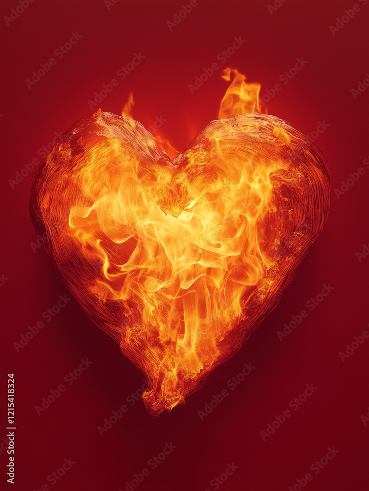 Heart shape made of fire isolated on red background Heart shape made of fire isolated on red background