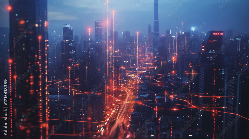 Obraz premium Smart digital Innovation city with connection network reciprocity over the twilight cityscape. of future smart wireless digital city and social media networking systems that connects people with city