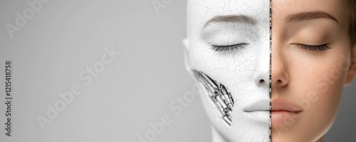 Caucasian female face half robot half human concept with cracked surface and closed eyes photo