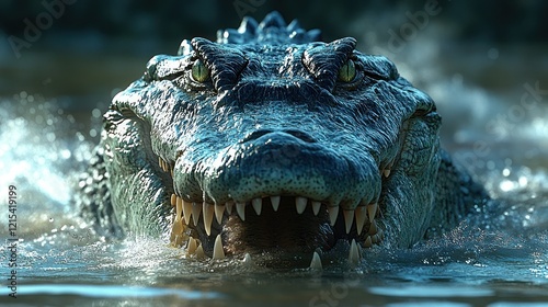 Crocodile surfacing, swamp water, ominous background, wildlife documentary