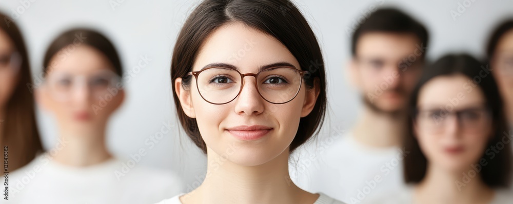 Fototapeta premium Confident young caucasian female in glasses among blurred group