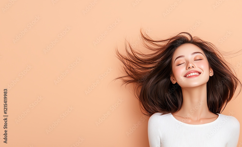 A joyful young woman with flowing hair smiles brightly against a peach-colored background, exuding positivity and happiness in her expression. A joyful young woman with flowing hair smiles brightly against a peach-colored background, exuding positivity and happiness in her expression.