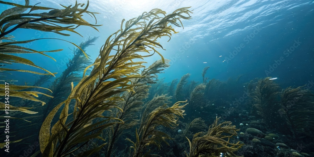 Fototapeta premium Dense seaweed swaying in dark blue ocean surface, ocean surface, waves, movement, watercolor effect, ocean currents