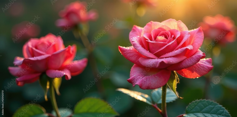Dew-kissed roses in the stillness of an early morning, water drops, background Dew-kissed roses in the stillness of an early morning, water drops, background