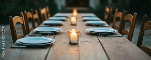 Rustic outdoor dining table with candlelit ambiance and wooden chairs