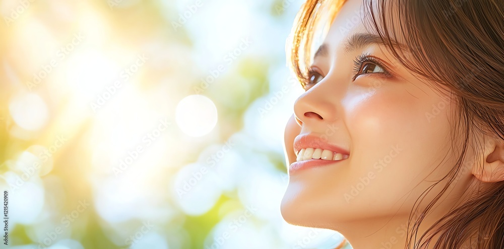 A young woman smiles brightly, enjoying a sunny day outdoors. The soft light enhances her joyful expression, capturing a moment of happiness and tranquility in nature. A young woman smiles brightly, enjoying a sunny day outdoors. The soft light enhances her joyful expression, capturing a moment of happiness and tranquility in nature.