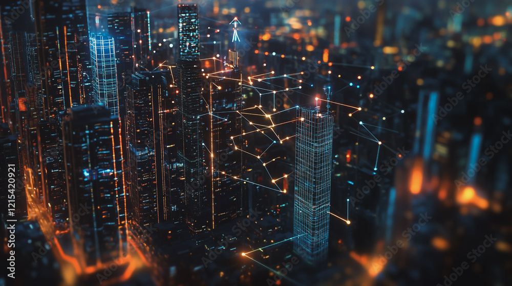 Obraz premium Smart digital Innovation city with connection network reciprocity over the twilight cityscape. of future smart wireless digital city and social media networking systems that connects people with city