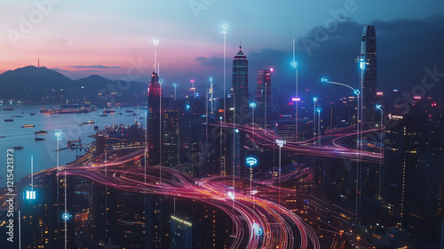 Wallpaper Mural Smart digital Innovation city with connection network reciprocity over the twilight cityscape. of future smart wireless digital city and social media networking systems that connects people with city Torontodigital.ca