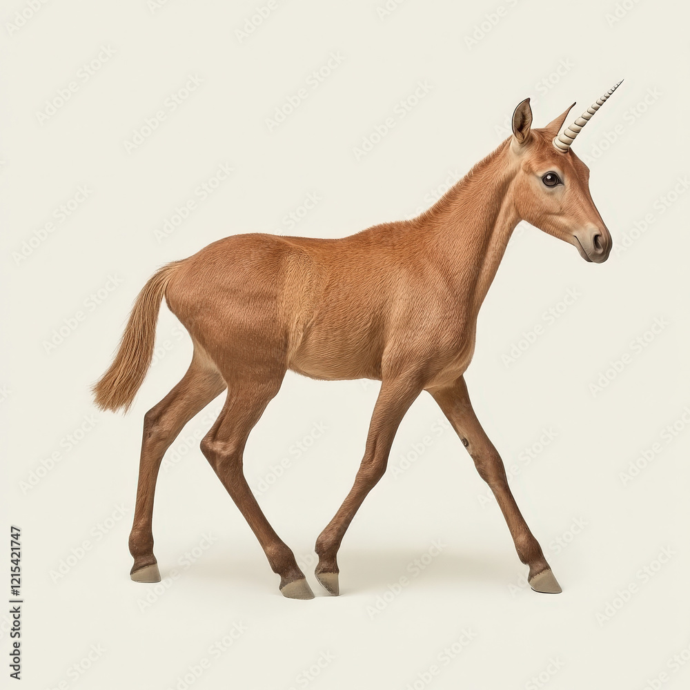 Brown unicorn foal walking, light beige background. Brown unicorn foal walking, light beige background.
