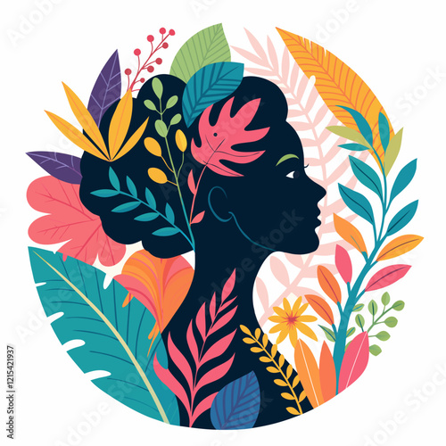 AI-Inspired Abstract Woman’s Profile with Vibrant Floral Elements on a Colorful Background