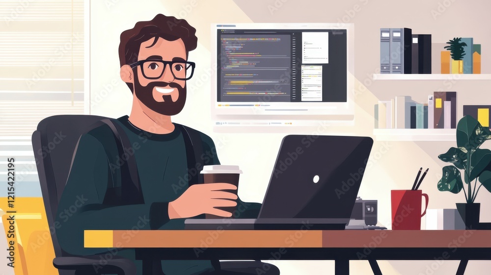 Joyful young web developer drinking coffee while taking break from work in home office Joyful young web developer drinking coffee while taking break from work in home office
