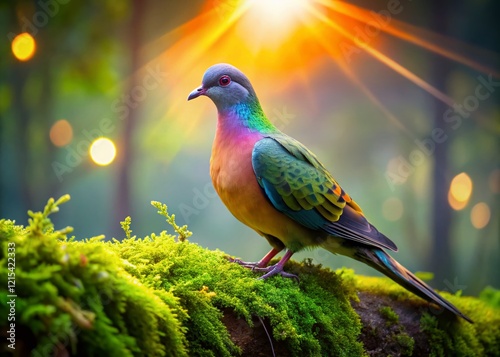 Passenger Pigeon on Mossy Log, Serene Forest Sunrise - Bokeh Stock Photo photo