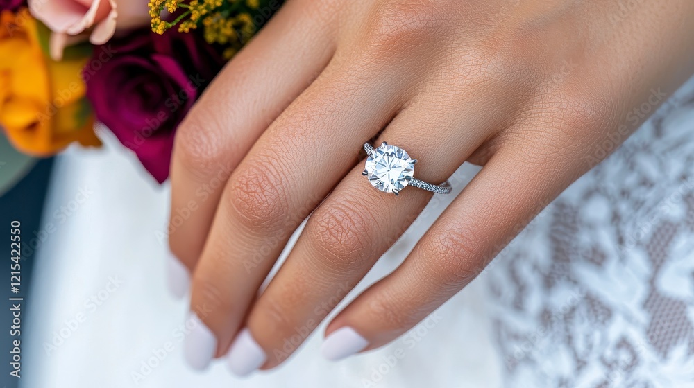Elegant Engagement Ring on Woman's Hand Surrounded by Beautiful Roses and Lace Elegant Engagement Ring on Woman's Hand Surrounded by Beautiful Roses and Lace