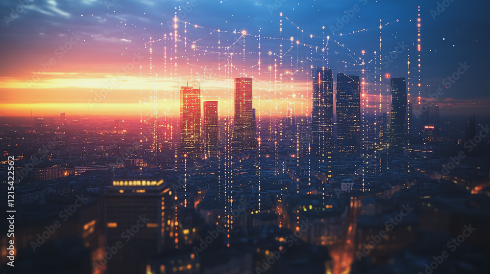 Obraz premium Smart digital Innovation city with connection network reciprocity over the twilight cityscape. of future smart wireless digital city and social media networking systems that connects people with city