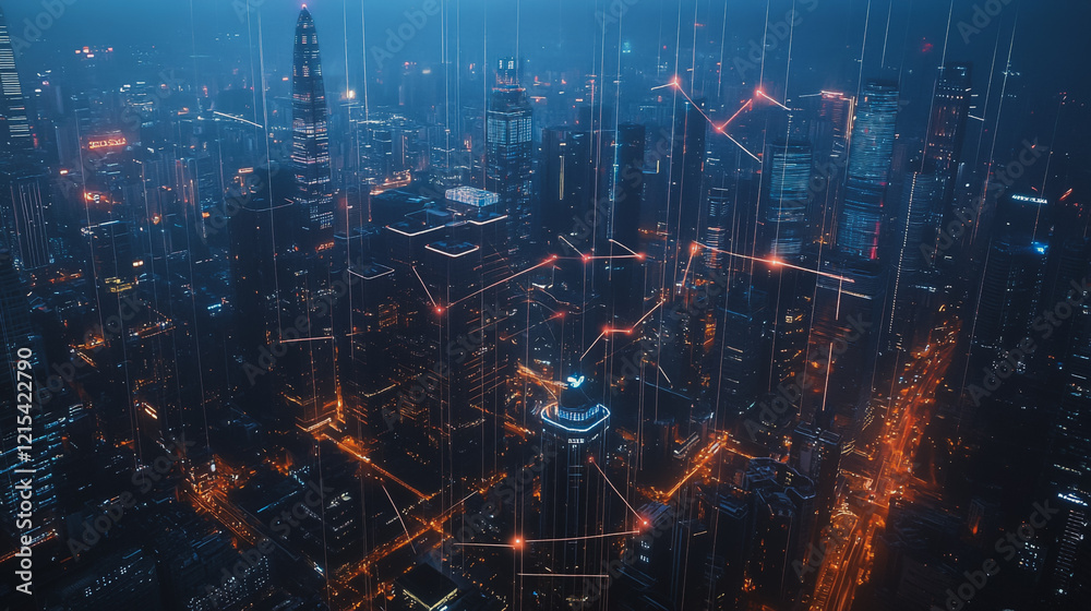 Smart digital Innovation city with connection network reciprocity over the twilight cityscape. of future smart wireless digital city and social media networking systems that connects people with city Smart digital Innovation city with connection network reciprocity over the twilight cityscape. of future smart wireless digital city and social media networking systems that connects people with city