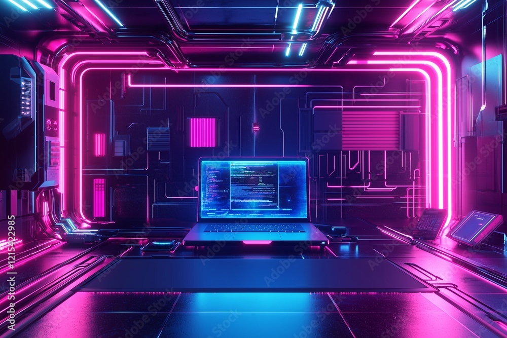 Interactive futuristic neon digital workspace featuring laptop Interactive futuristic neon digital workspace featuring laptop