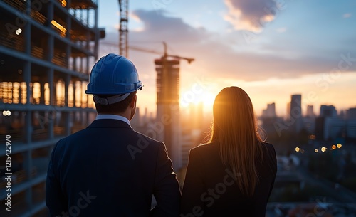 Two professionals observing a construction site at sunset, symbolizing collaboration and ambition in the urban development landscape.