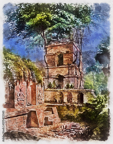 Palenque, Chiapas, Mexico, the Mayan palace tower in the archaeological site. Watercolor painting