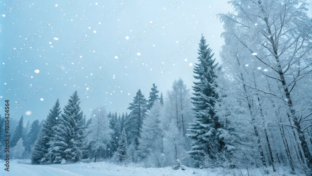 Naklejka premium Frosted trees stand against the pale blue sky as snowflakes gently fall in the arctic forest, serene environment, winter landscape, frozen landscape, northern lights