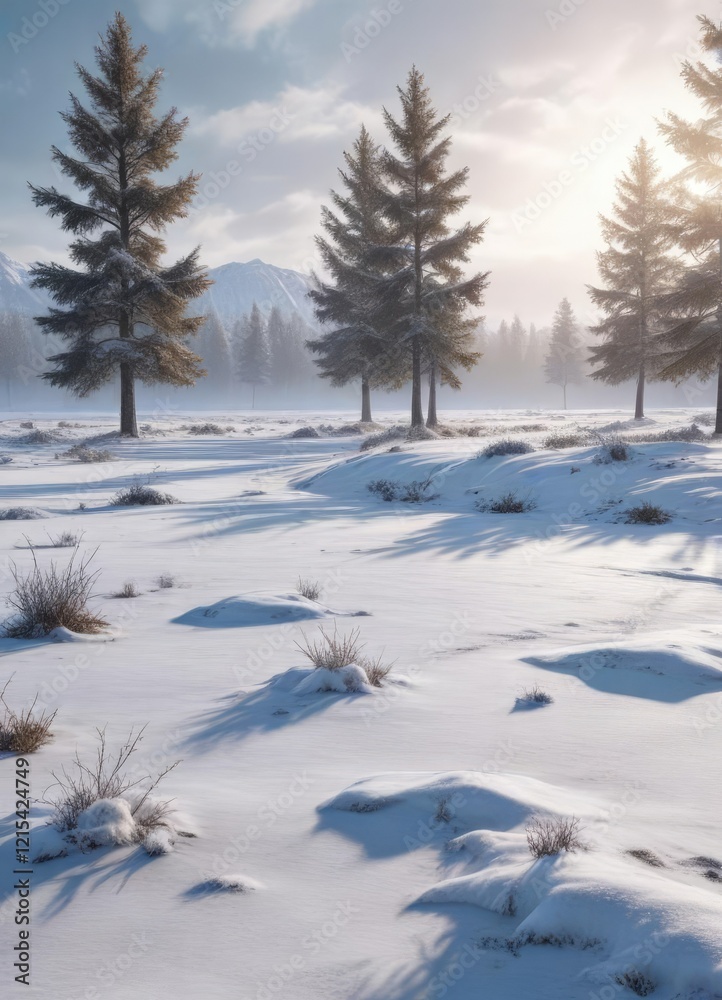 Frozen ground with a few trees and a snow-covered landscape in the foreground, winter wonderland, blue sky Frozen ground with a few trees and a snow-covered landscape in the foreground, winter wonderland, blue sky