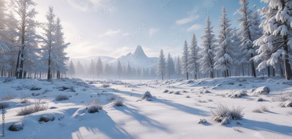 Frozen landscape with snow-covered trees in the background, serene landscape, winter landscape, snowy forest Frozen landscape with snow-covered trees in the background, serene landscape, winter landscape, snowy forest