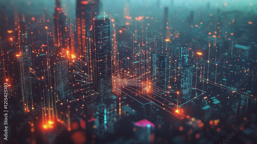 Obraz premium Smart digital Innovation city with connection network reciprocity over the twilight cityscape. of future smart wireless digital city and social media networking systems that connects people with city