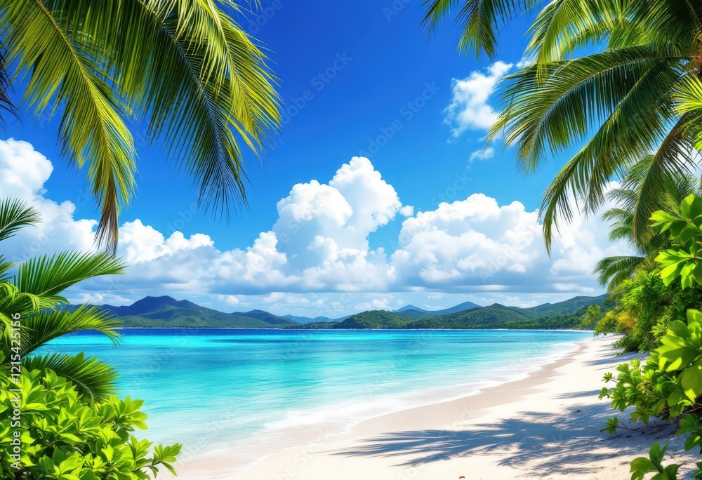 Fototapeta premium Tropical beach with palm trees and clear blue water. Paradise scene for summer vacation, travel brochures, and holiday promotions.