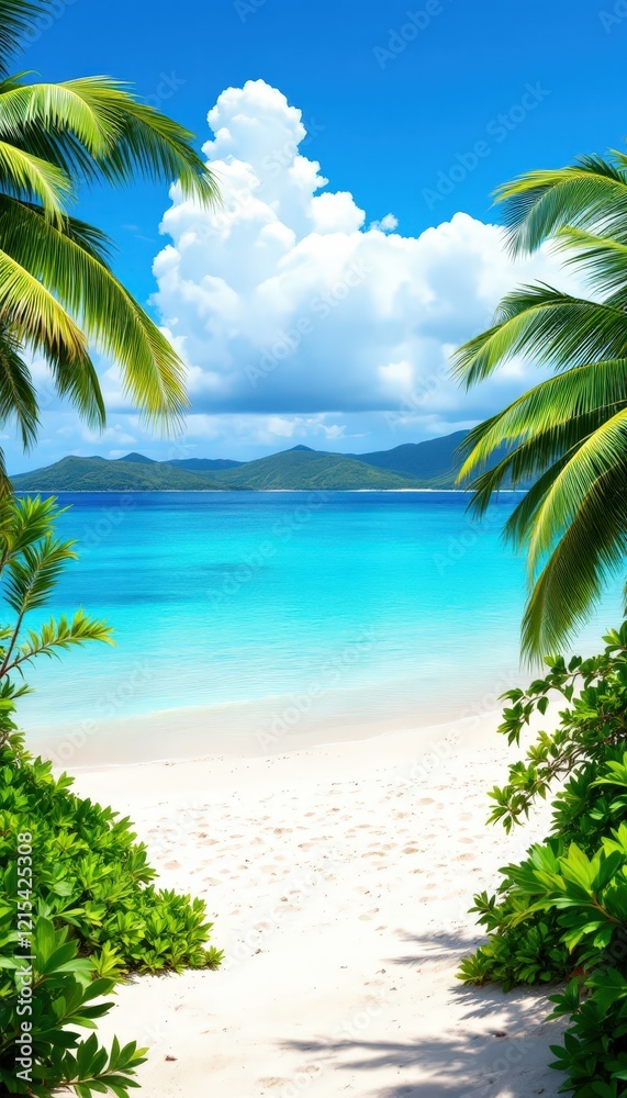 Fototapeta premium Tropical beach with palm trees and clear blue water. Paradise scene for summer vacation, travel brochures, and holiday promotions.