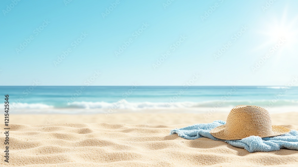 A sunhat resting on a beach towel, surrounded by golden sand and crystal-clear blue ocean waves under a bright sunny sky. A sunhat resting on a beach towel, surrounded by golden sand and crystal-clear blue ocean waves under a bright sunny sky.