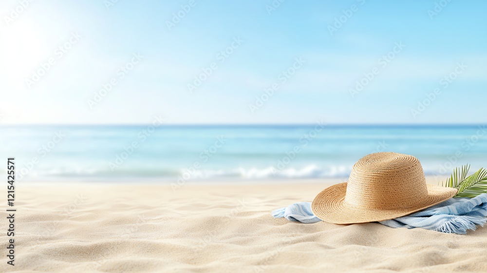 A serene beach view featuring a straw hat resting on warm sand. Gentle waves lap at the shore under a clear blue sky, inviting relaxation and leisure. A serene beach view featuring a straw hat resting on warm sand. Gentle waves lap at the shore under a clear blue sky, inviting relaxation and leisure.