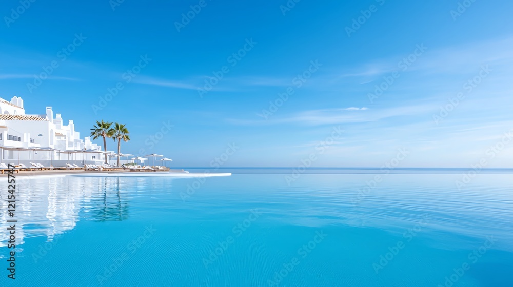 Serene outdoor view of a pristine infinity pool reflecting blue skies with tranquil ocean waves in the distance, framed by elegant architecture and swaying palm trees. Serene outdoor view of a pristine infinity pool reflecting blue skies with tranquil ocean waves in the distance, framed by elegant architecture and swaying palm trees.