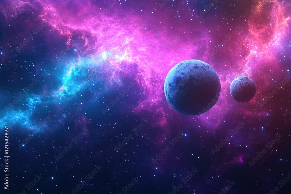 Colorful cosmic nebula glowing in vivid purple and blue hues with two massive, mysterious planets suspended in the star-filled expanse of space, creating a dreamlike view Colorful cosmic nebula glowing in vivid purple and blue hues with two massive, mysterious planets suspended in the star-filled expanse of space, creating a dreamlike view