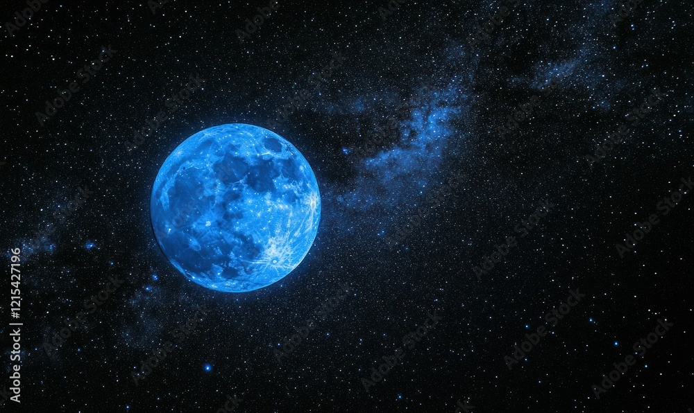 A vivid blue full moon glows brightly in a starry night sky, surrounded by distant stars and a faint galactic cloud, creating a magical and surreal cosmic scene A vivid blue full moon glows brightly in a starry night sky, surrounded by distant stars and a faint galactic cloud, creating a magical and surreal cosmic scene