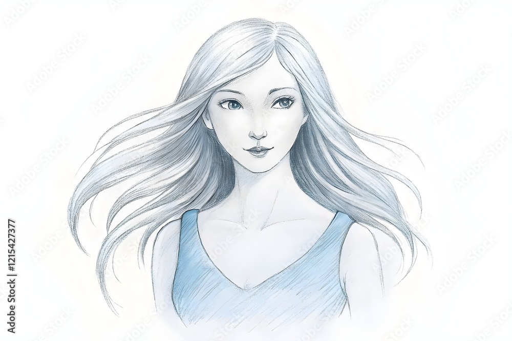 Elegant Portrait of Beautiful Woman with Flowing Silver Hair in Blue Dress Elegant Portrait of Beautiful Woman with Flowing Silver Hair in Blue Dress
