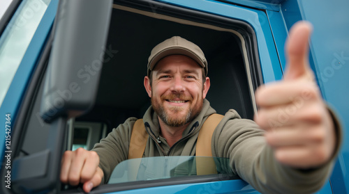 Truck driver sitting in his truck showing thumbs up. Trucker occupation. transportation services photo