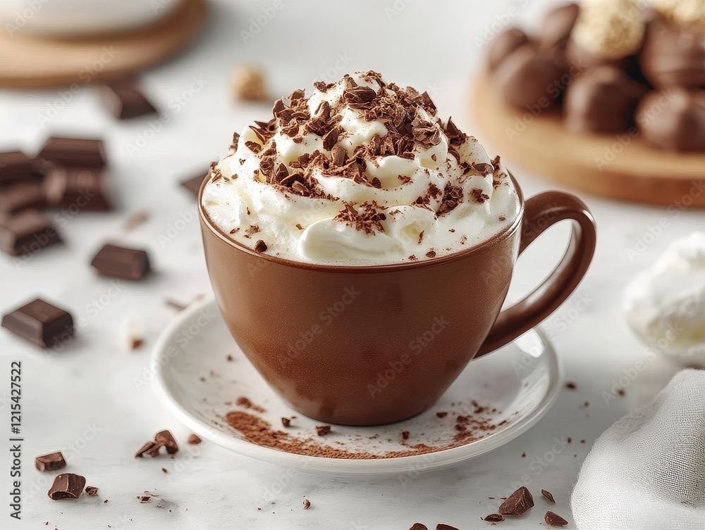 A cup of classic hot chocolate with whipped cream and chocolate flakes, delicious decorations A cup of classic hot chocolate with whipped cream and chocolate flakes, delicious decorations