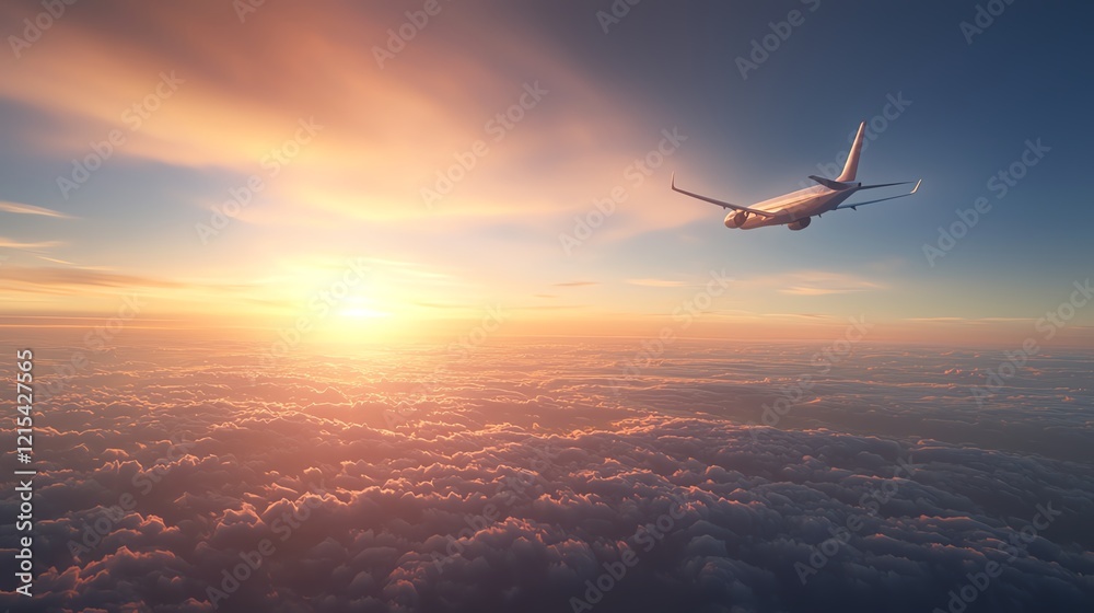 Naklejka premium An airplane soaring above the clouds during a breathtaking sunset, showcasing the beauty of travel and the vastness of the sky.