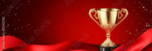 Golden Trophy Award Achievement - A gleaming golden trophy sits on a red satin fabric, symbolizing success and victory.  Perfect for award ceremonies, achievement celebrations, and motivational conten photo