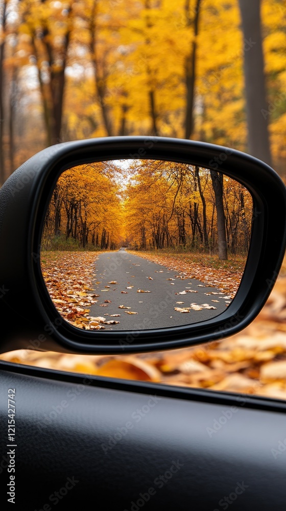 As I drive down the winding rural road, the golden autumn leaves reflect beautifully in the side mirror of my car, creating a truly picturesque scene As I drive down the winding rural road, the golden autumn leaves reflect beautifully in the side mirror of my car, creating a truly picturesque scene