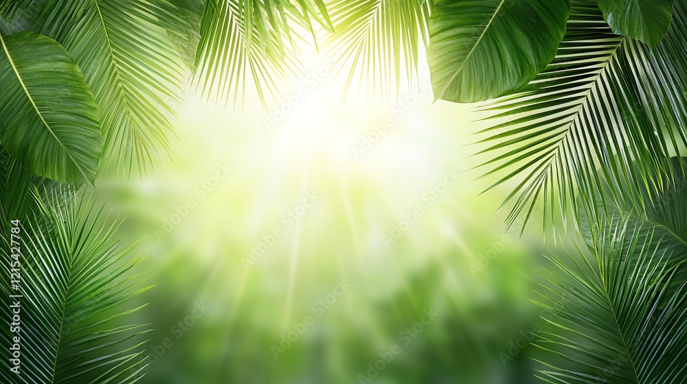 Fototapeta premium Vibrant green palm leaves frame a bright light source, creating a refreshing and serene atmosphere