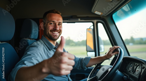 Truck driver sitting in his truck showing thumbs up. Trucker occupation. transportation services photo