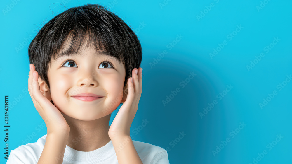 Happy boy with short hair looking up against blue background Happy boy with short hair looking up against blue background
