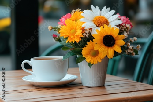 Wallpaper Mural A wildflower bouquet featuring vibrant flowers stands beside a cup of tea on a rustic wooden table at an outdoor cafe, symbolizing beauty and strength on Women's Day Torontodigital.ca