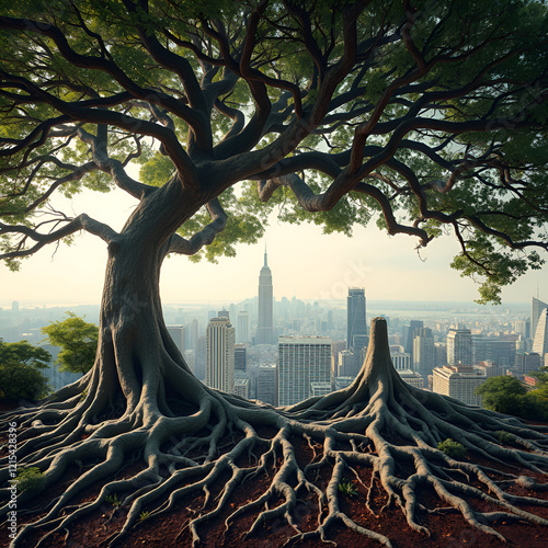 A large tree with numerous branches, its roots intertwining to form the shape of an urban cityscape. photo