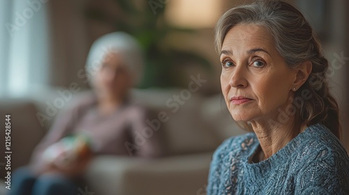 A thoughtful woman gazes into the distance while an elderly figure sits behind her, reflecting the themes of introspection, aging, and the passage of time in a peaceful domestic space. photo