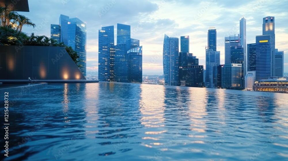 Fototapeta premium City skyline with modern architecture reflecting in water at dusk over a rooftop infinity pool in an urban setting