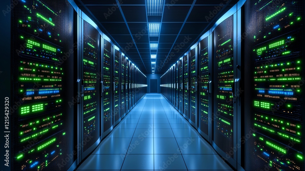 A futuristic data center showcasing rows of servers with illuminated panels, highlighting the advanced technology and systems used for data storage and management. A futuristic data center showcasing rows of servers with illuminated panels, highlighting the advanced technology and systems used for data storage and management.