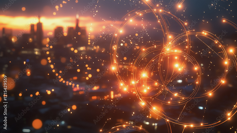 Fototapeta premium Smart digital Innovation city with connection network reciprocity over the twilight cityscape. of future smart wireless digital city and social media networking systems that connects people with city
