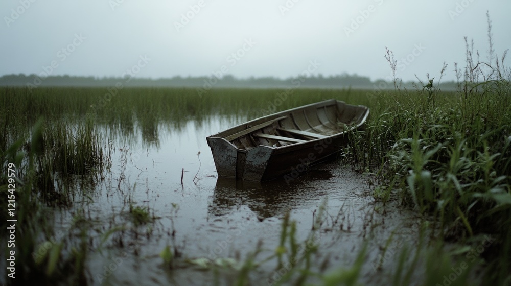An abandoned rowboat sits quietly in a marshland, surrounded by tall grasses and calm, reflective waters under an overcast sky. An abandoned rowboat sits quietly in a marshland, surrounded by tall grasses and calm, reflective waters under an overcast sky.