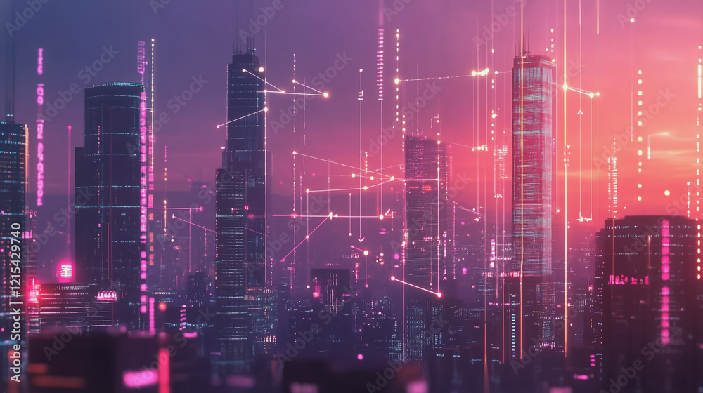 Fototapeta premium Smart digital Innovation city with connection network reciprocity over the twilight cityscape. of future smart wireless digital city and social media networking systems that connects people with city